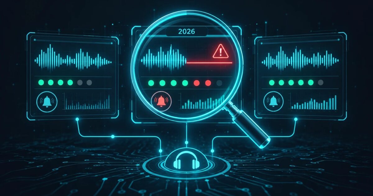 Magnifying glass with 2026 over stream monitoring dashboards