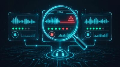 Magnifying glass with 2026 over stream monitoring dashboards
