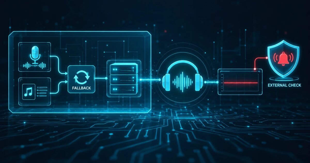 Diagram of fallback box, server, headphones and an External check shield