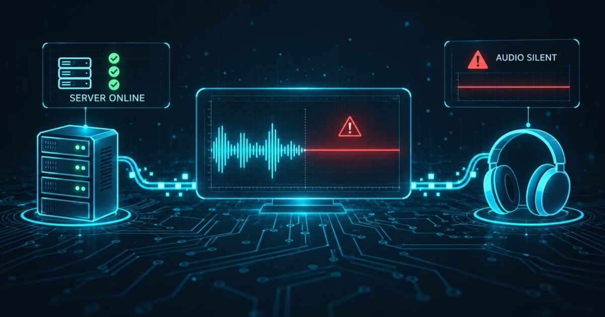 Server online checkmarks next to a red AUDIO SILENT flatline