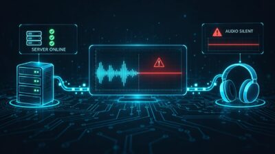 Server online checkmarks next to a red AUDIO SILENT flatline